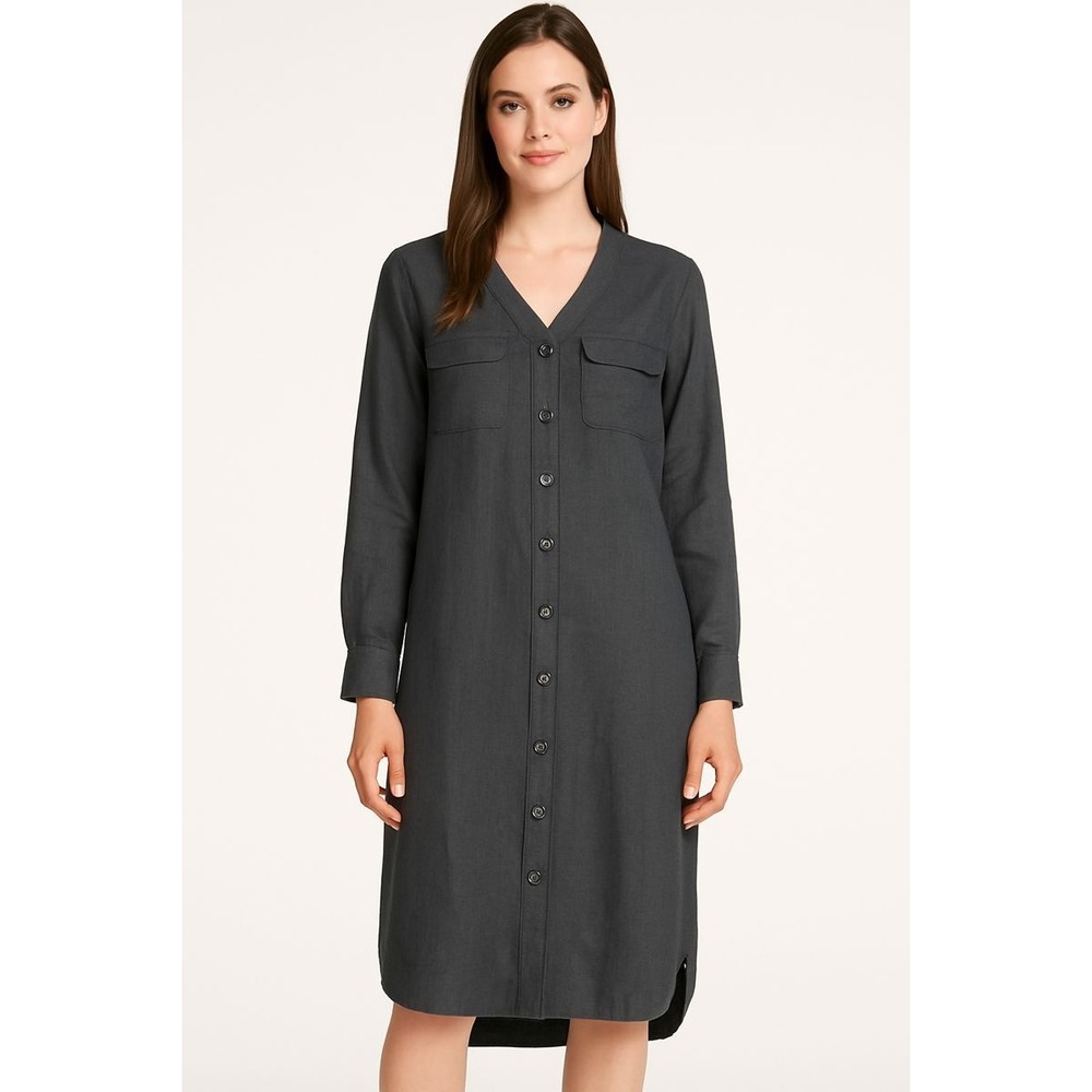 Tess Dress 100% Linen Shirt Dress Black Button Front Long Sleeve Women's Size 16